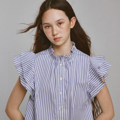 Blue and White Striped Puff Stand Collar Shirt