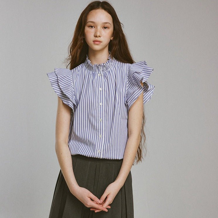 Blue and White Striped Puff Stand Collar Shirt