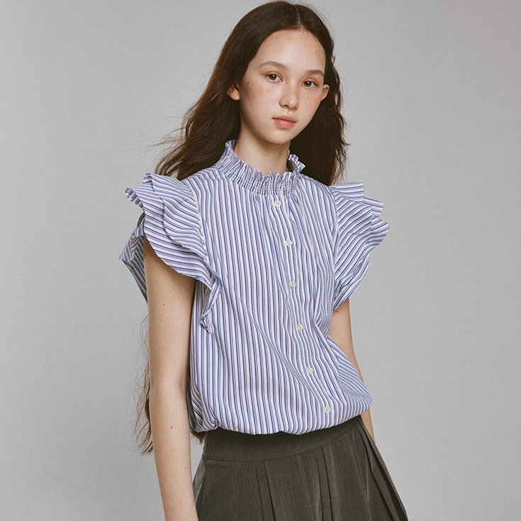 Blue and White Striped Puff Stand Collar Shirt