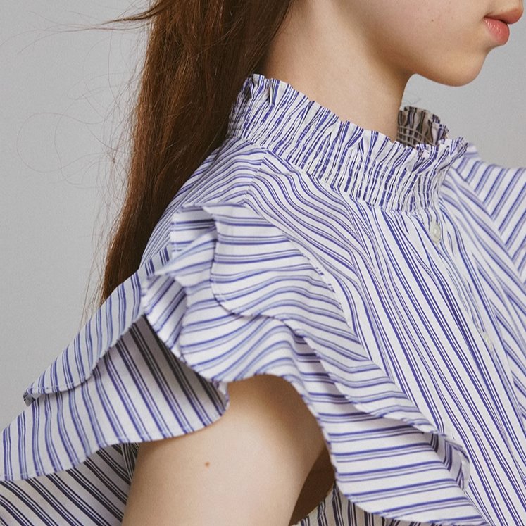 Blue and White Striped Puff Stand Collar Shirt