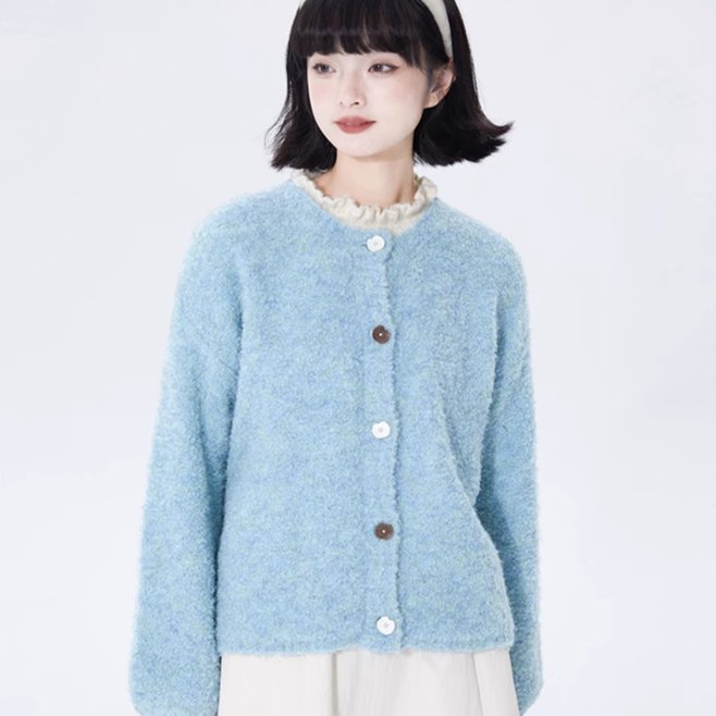 Blue off-shoulder long-sleeved wool knitted cardigan