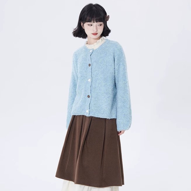 Blue off-shoulder long-sleeved wool knitted cardigan