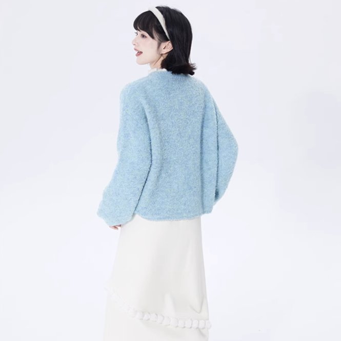 Blue off-shoulder long-sleeved wool knitted cardigan