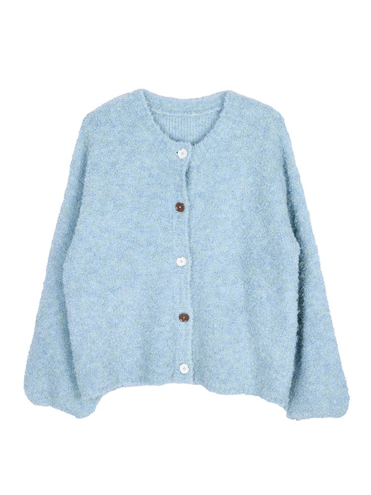 Blue off-shoulder long-sleeved wool knitted cardigan