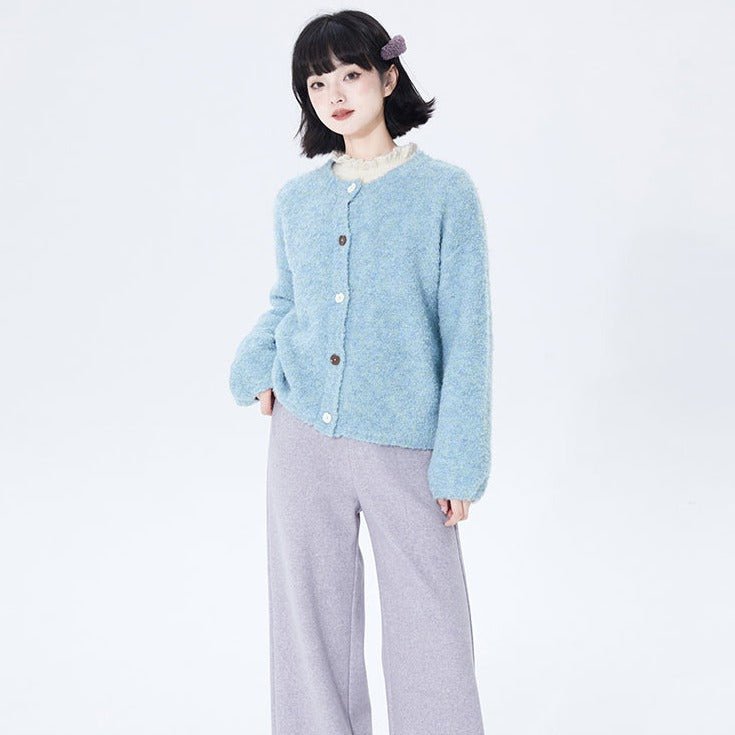 Blue off-shoulder long-sleeved wool knitted cardigan