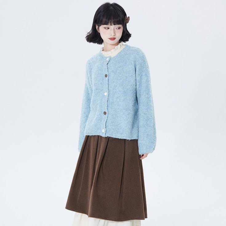 Blue off-shoulder long-sleeved wool knitted cardigan