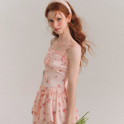 Blush Satin Mini Skirt Printed Sling Floral Dress