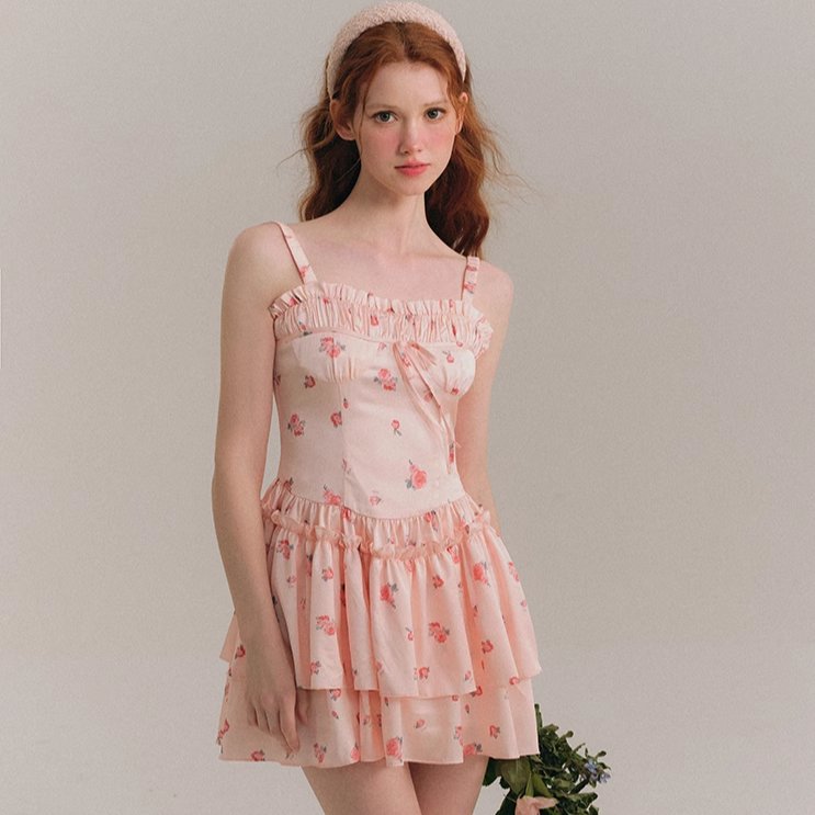 Blush Satin Mini Skirt Printed Sling Floral Dress