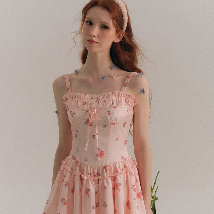 Blush Satin Mini Skirt Printed Sling Floral Dress
