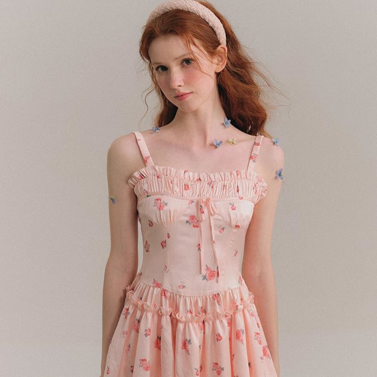 Blush Satin Mini Skirt Printed Sling Floral Dress