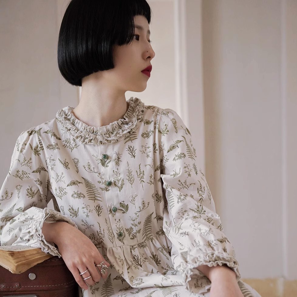 Botanical Flower Cotton Print Ruffle Round Neck Dress