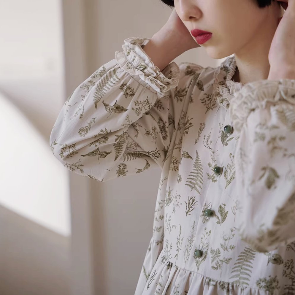 Botanical Flower Cotton Print Ruffle Round Neck Dress