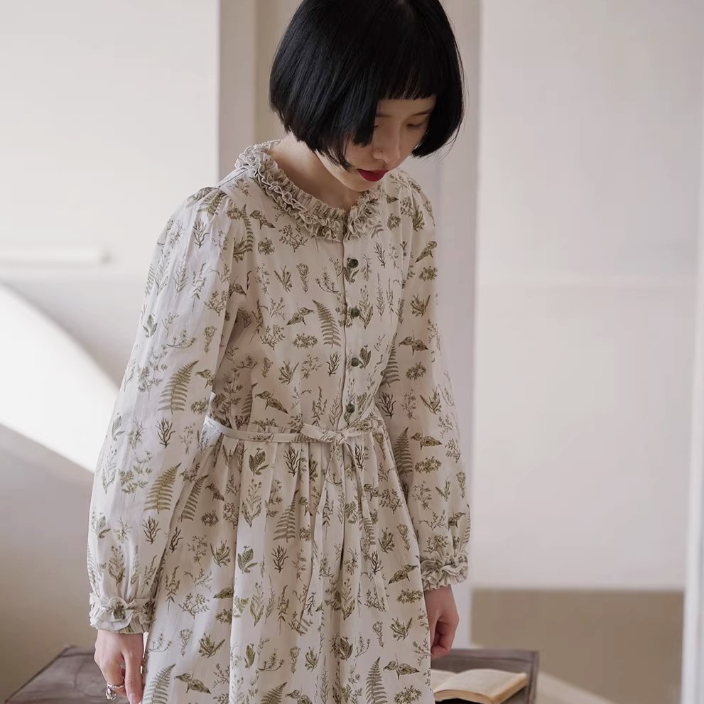 Botanical Flower Cotton Print Ruffle Round Neck Dress