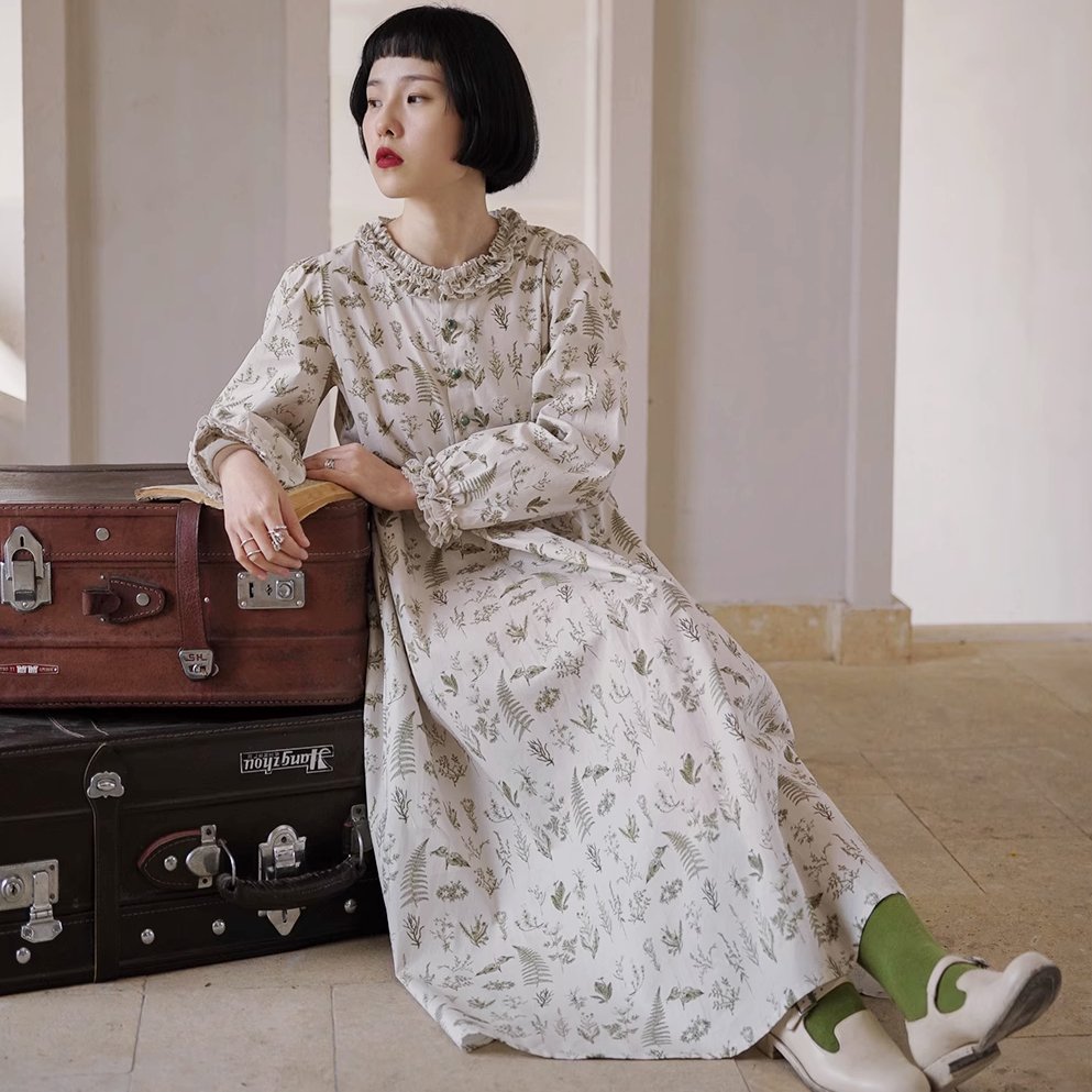 Botanical Flower Cotton Print Ruffle Round Neck Dress
