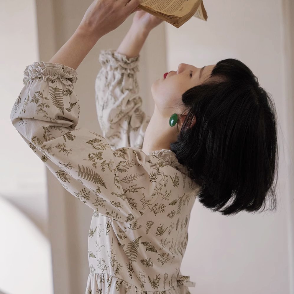 Botanical Flower Cotton Print Ruffle Round Neck Dress