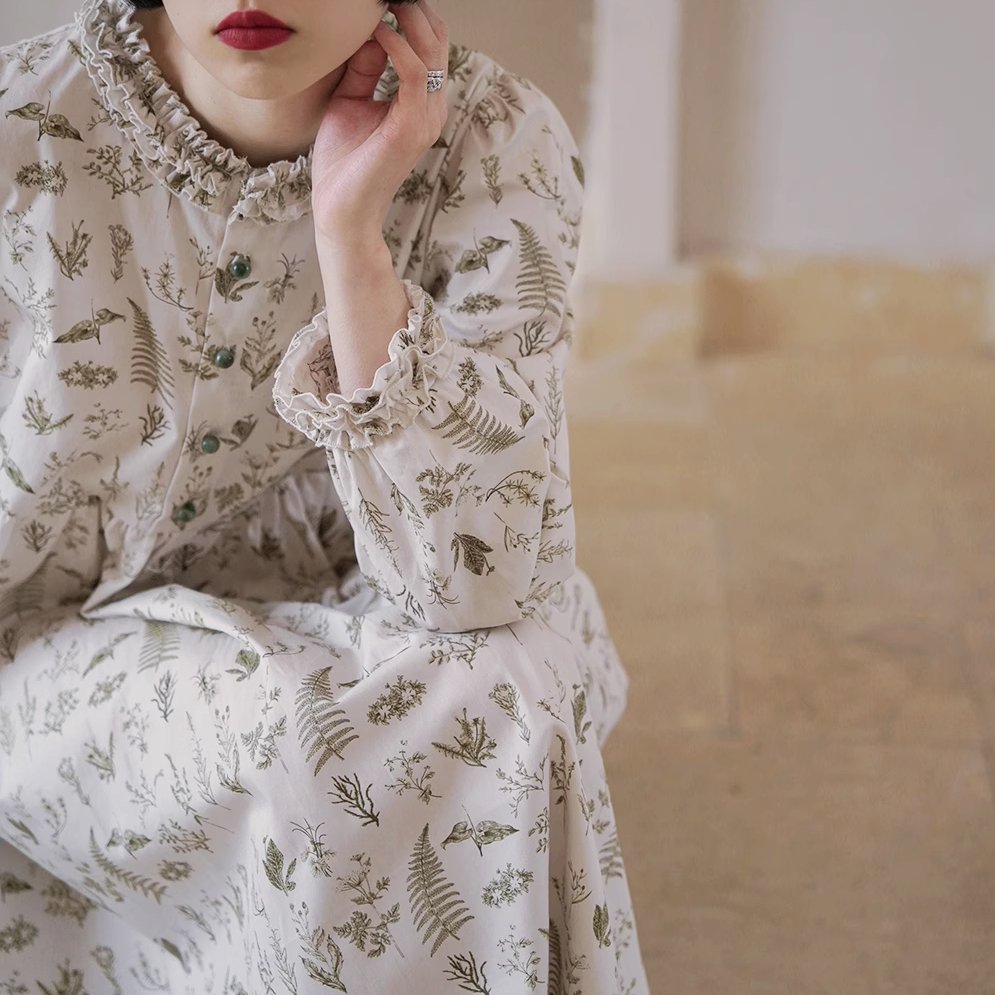 Botanical Flower Cotton Print Ruffle Round Neck Dress