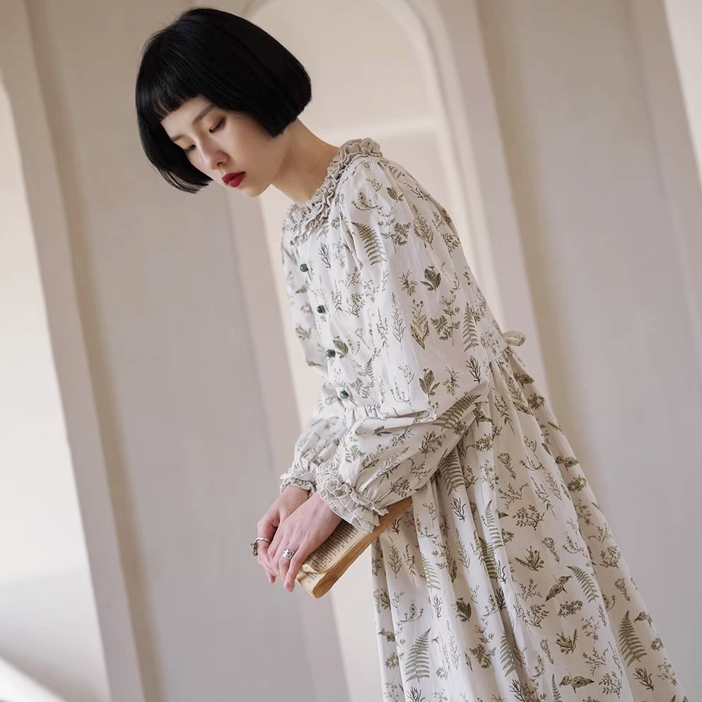 Botanical Flower Cotton Print Ruffle Round Neck Dress