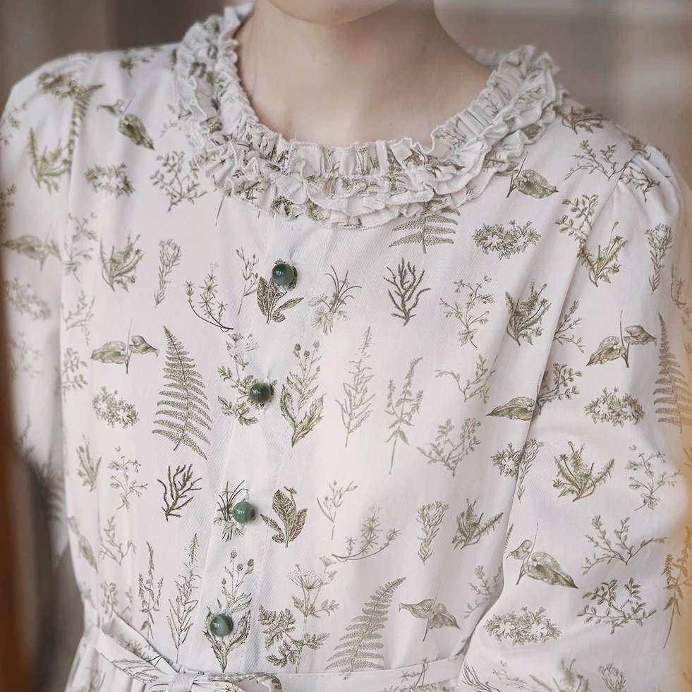 Botanical Flower Cotton Print Ruffle Round Neck Dress