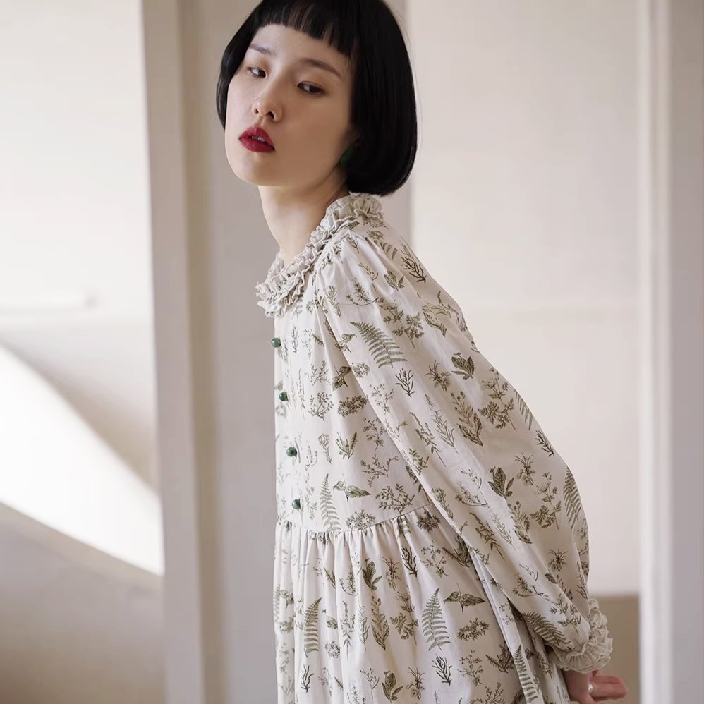 Botanical Flower Cotton Print Ruffle Round Neck Dress