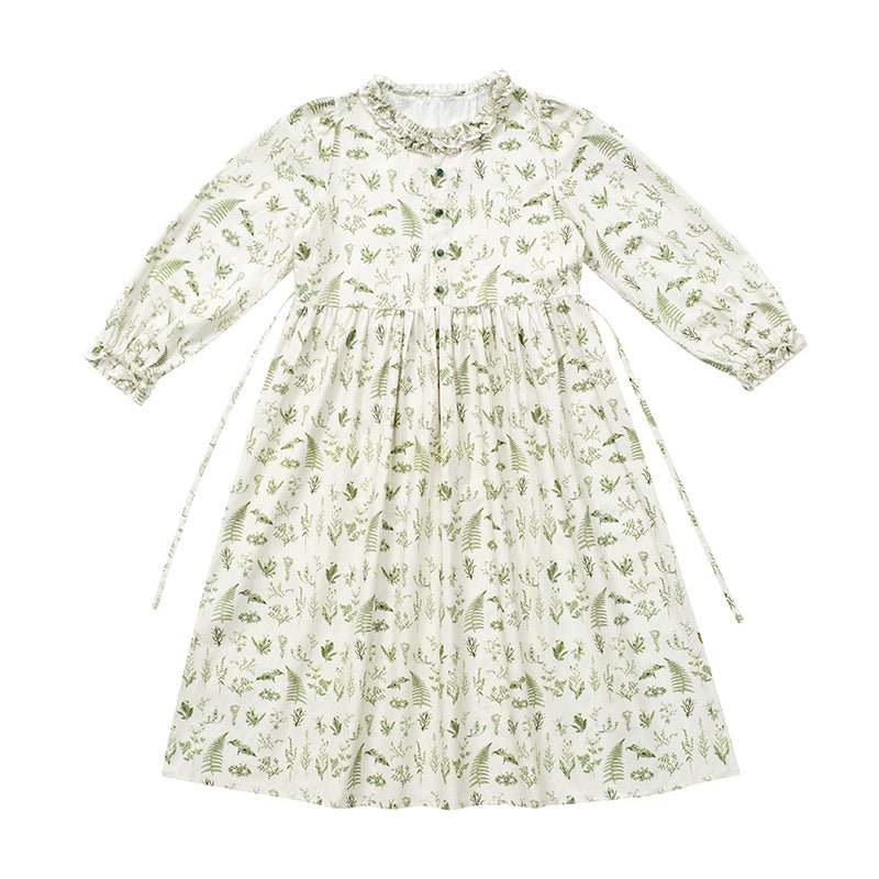 Botanical Flower Cotton Print Ruffle Round Neck Dress