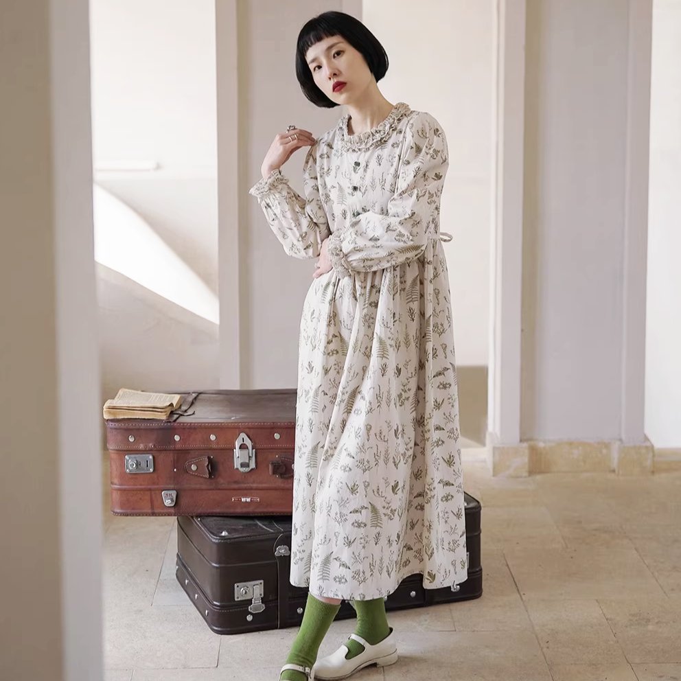Botanical Flower Cotton Print Ruffle Round Neck Dress
