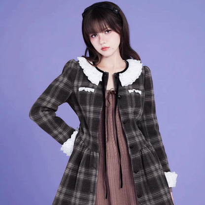 Brown and gray tartan dress with multilayer collar