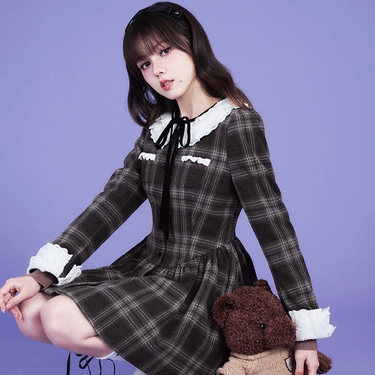 Brown and gray tartan dress with multilayer collar