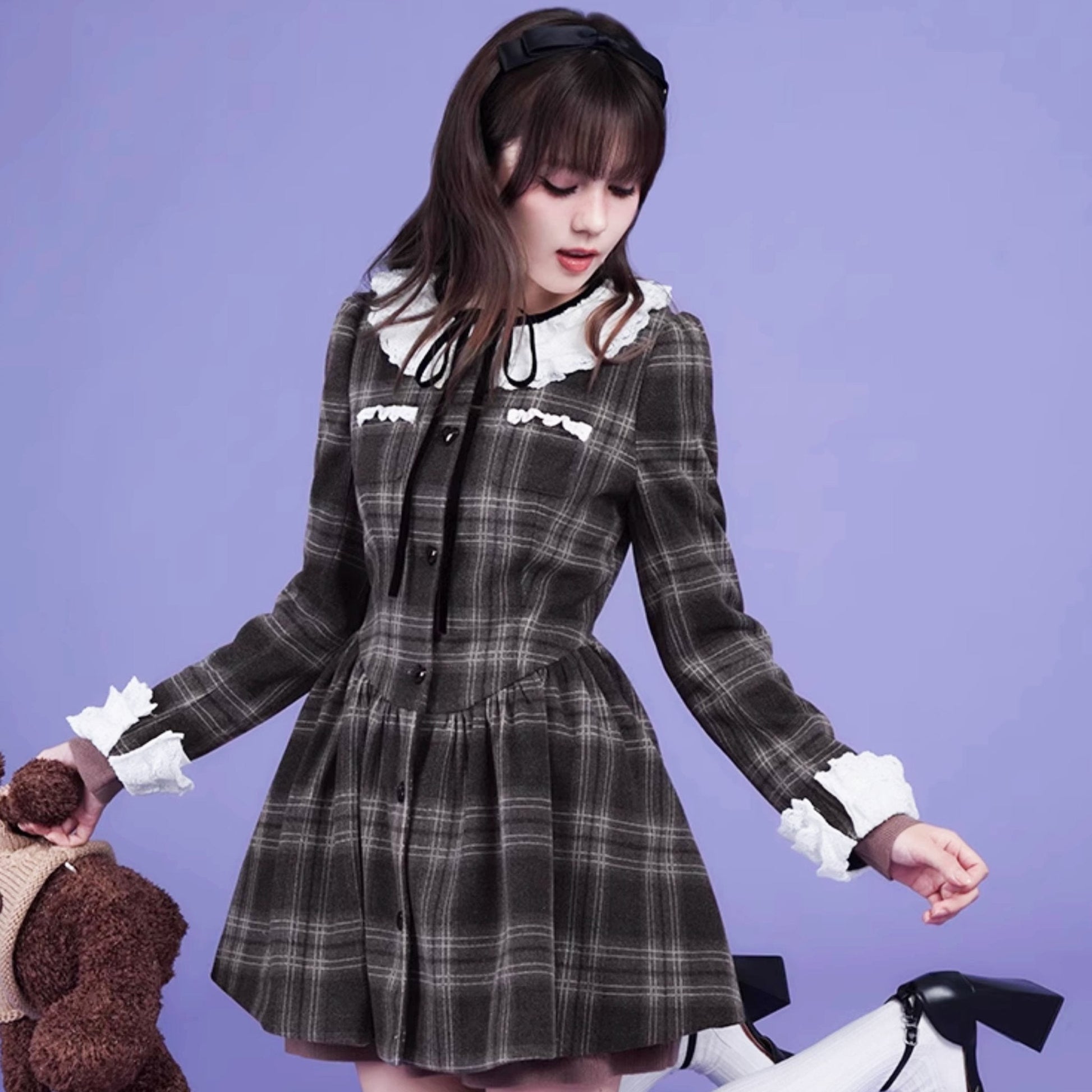 Brown and gray tartan dress with multilayer collar