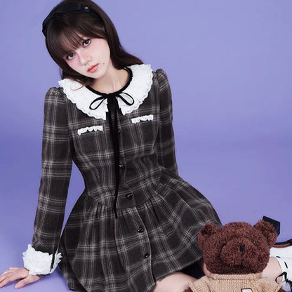 Brown and gray tartan dress with multilayer collar