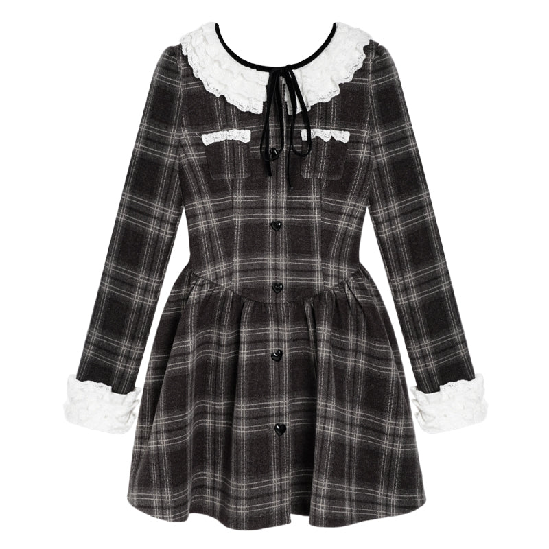 Brown and gray tartan dress with multilayer collar