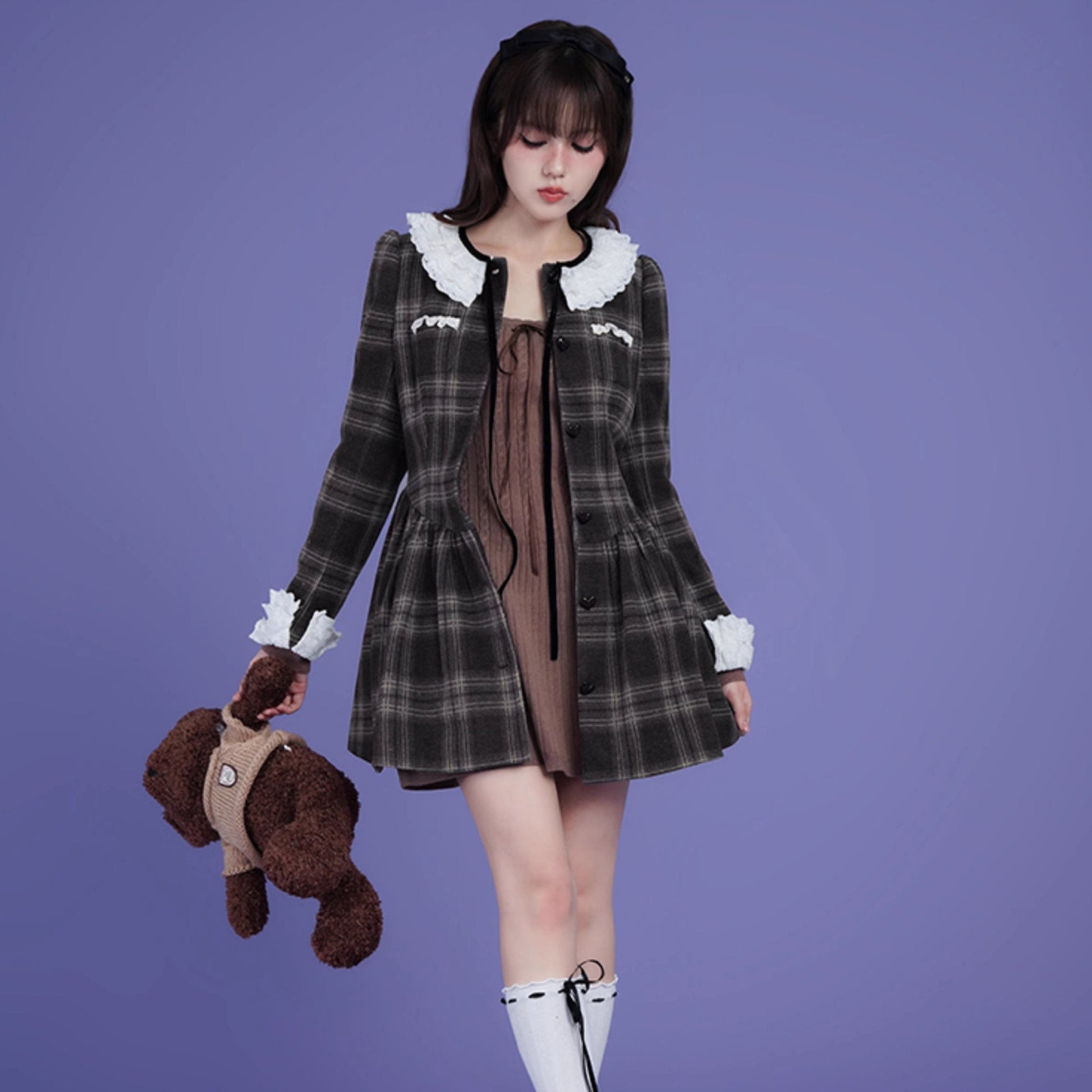 Brown and gray tartan dress with multilayer collar