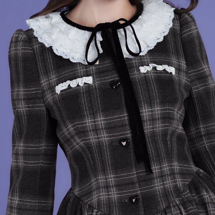 Brown and gray tartan dress with multilayer collar