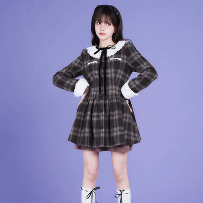 Brown and gray tartan dress with multilayer collar
