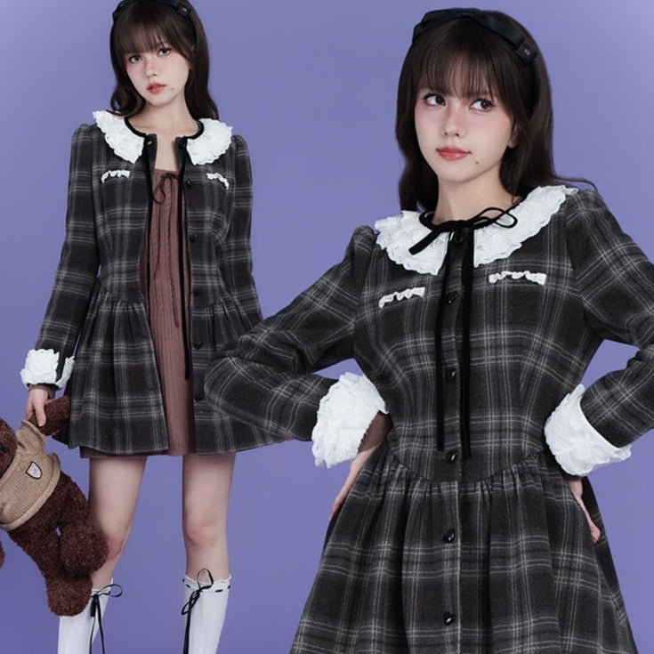 Brown and gray tartan dress with multilayer collar