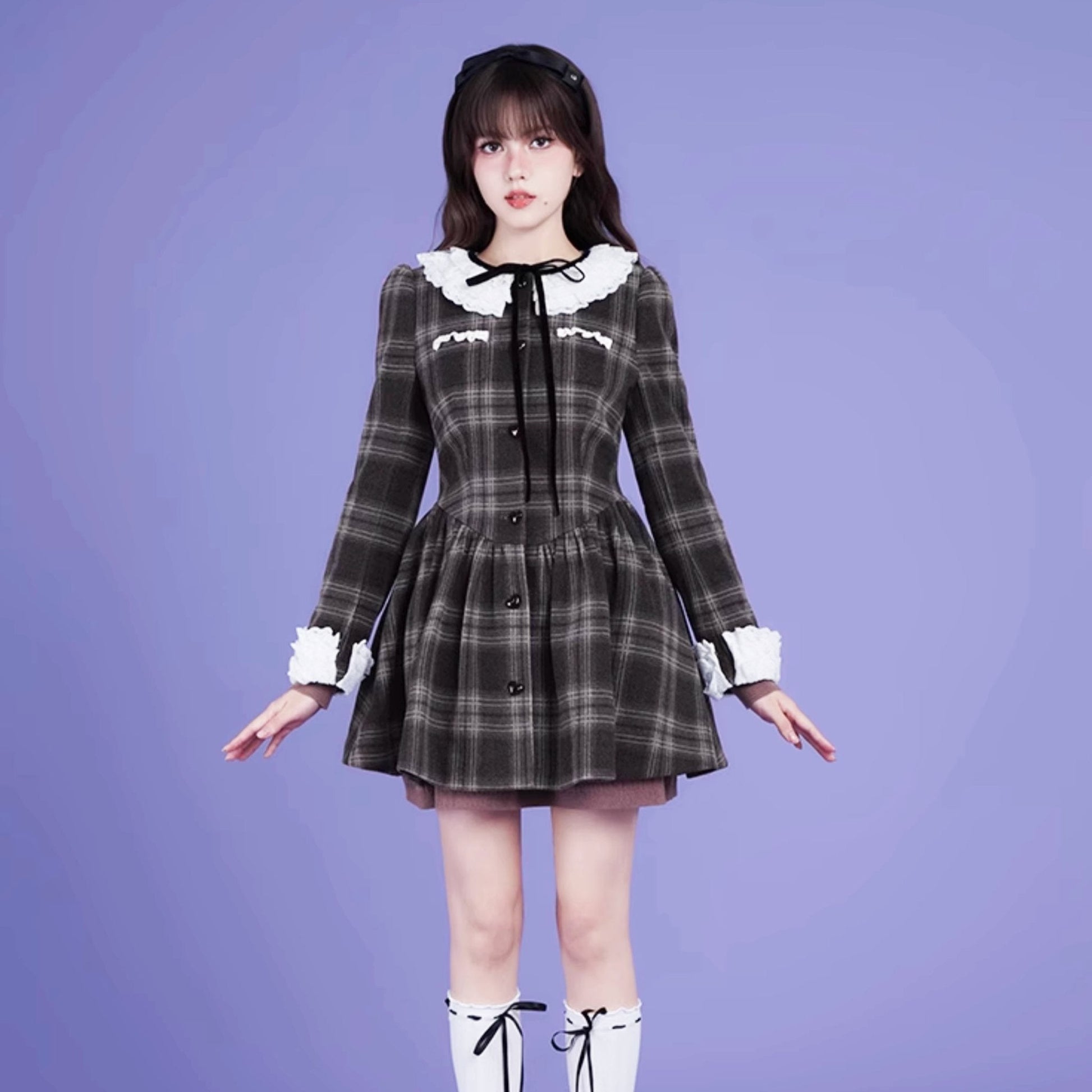 Brown and gray tartan dress with multilayer collar