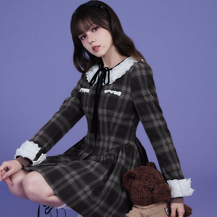 Brown and gray tartan dress with multilayer collar