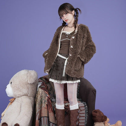 Brown bear print pleated skirt pants