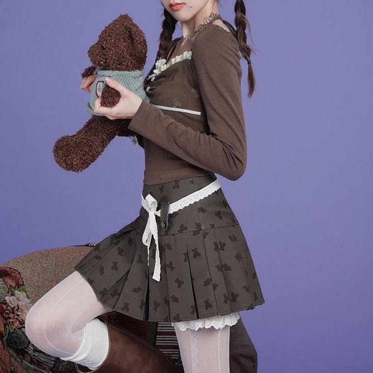 Brown bear print pleated skirt pants
