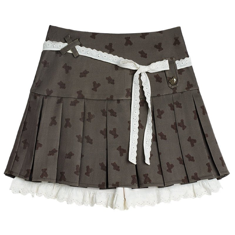 Brown bear print pleated skirt pants