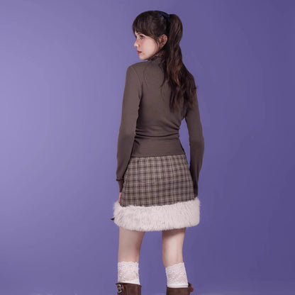 Brown plaid low edge skirt