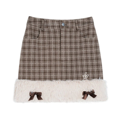 Brown plaid low edge skirt