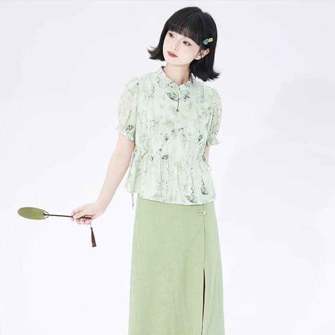 Cheongsam collar floral puff sleeves button-up short-sleeved shirt