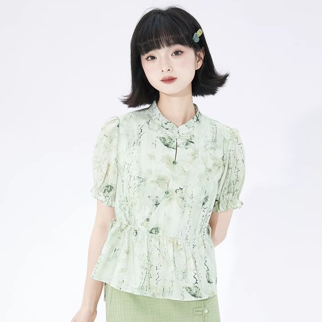 Cheongsam collar floral puff sleeves button-up short-sleeved shirt