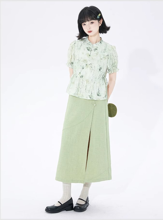 Cheongsam collar floral puff sleeves button-up short-sleeved shirt