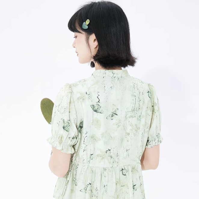 Cheongsam collar floral puff sleeves button-up short-sleeved shirt