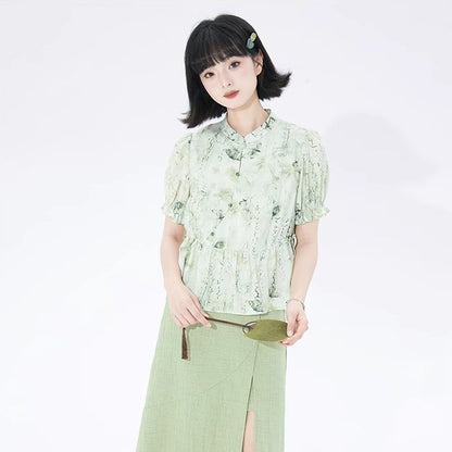 Cheongsam collar floral puff sleeves button-up short-sleeved shirt