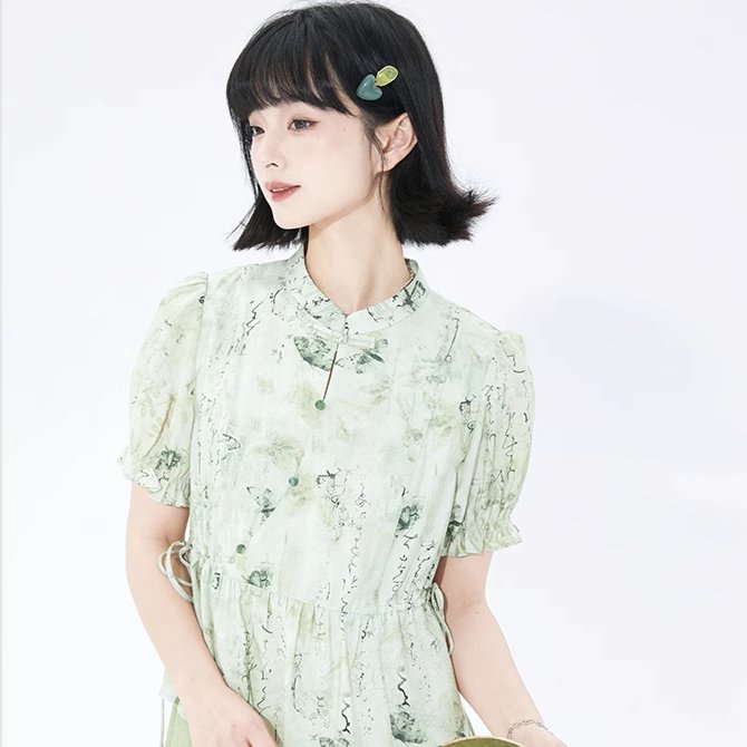 Cheongsam collar floral puff sleeves button-up short-sleeved shirt