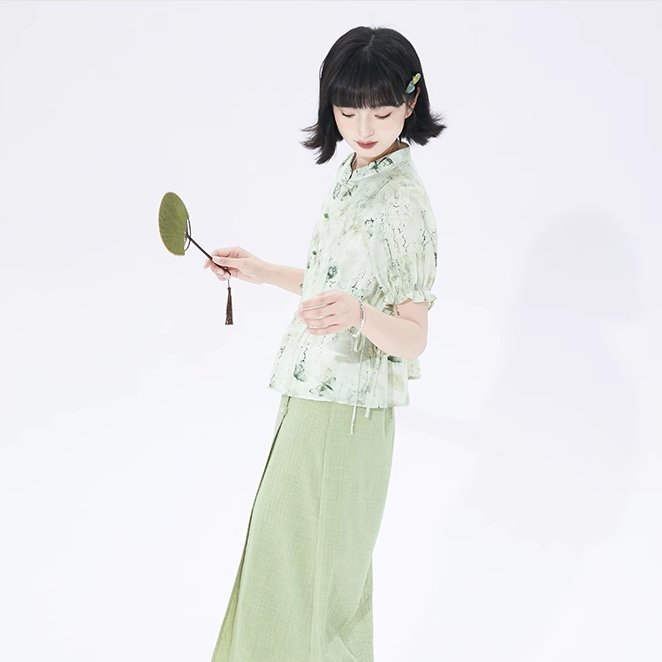 Cheongsam collar floral puff sleeves button-up short-sleeved shirt