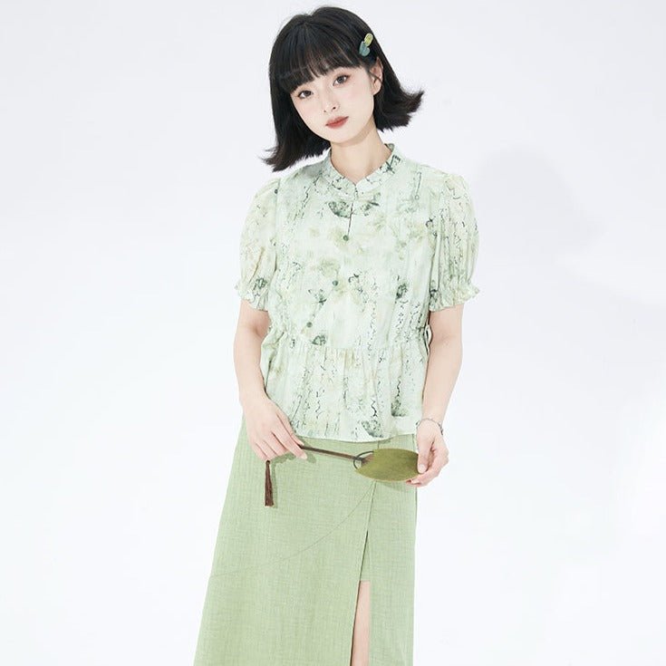 Cheongsam collar floral puff sleeves button-up short-sleeved shirt