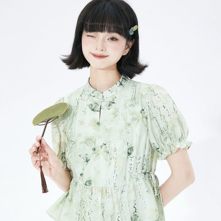 Cheongsam collar floral puff sleeves button-up short-sleeved shirt